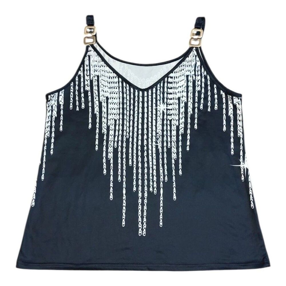 Sleeveless Blouse Top Size 1XL Polyester Spandex Black White Gold Metal Accent